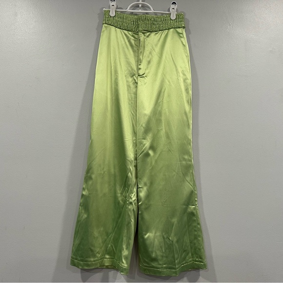 ALIÉTTE Women's Green Satin Front Zipper Closure Retro Wide Leg Pants 2 - Picture 1 of 12